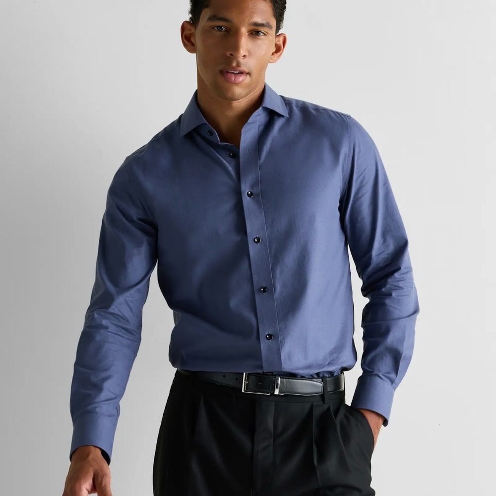 Quince Men's Organic Cotton Cashmere Dress Shirt in Storm Blue Size Medium 017